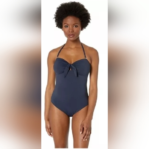 $220 Michael Kors Womens Tie Front Blue Bandeau One-Piece Bathing Suit 8 - Picture 1 of 6